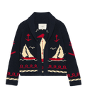 The Sailboat Lodge Cardigan - Navy Hand-Embroidered Cotton Blend