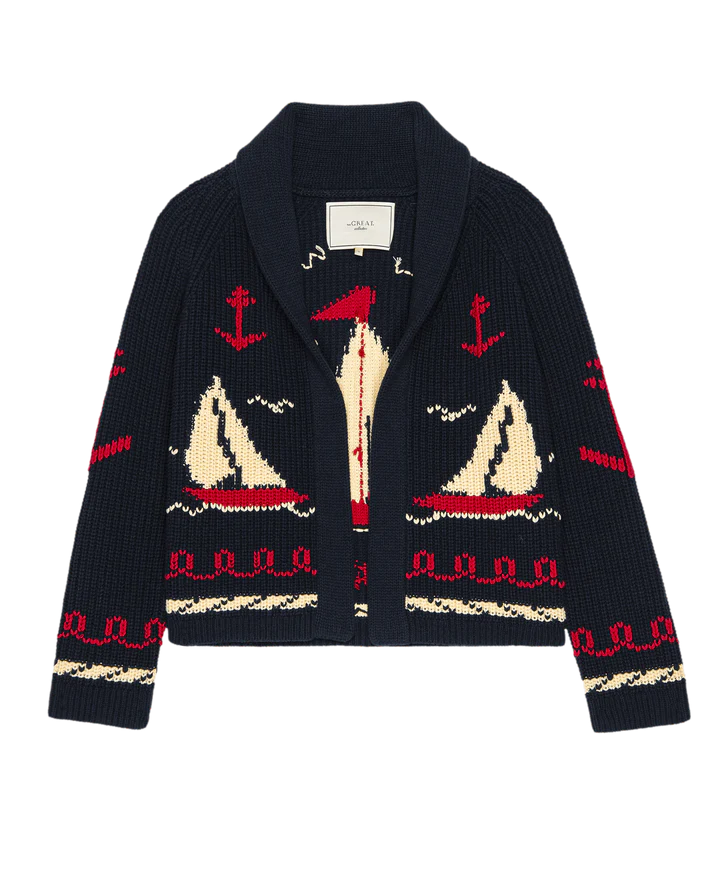 The Sailboat Lodge Cardigan - Navy Hand-Embroidered Cotton Blend