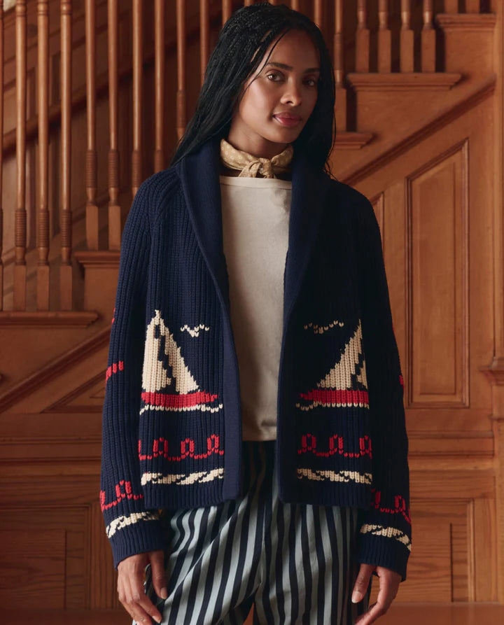 The Sailboat Lodge Cardigan - Navy Hand-Embroidered Cotton Blend