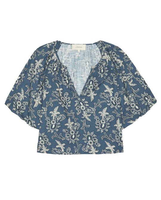 The Blythe Top - Indigo Bandana Print Puff Sleeve Cotton