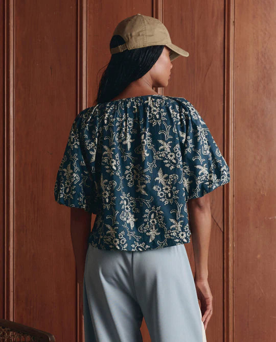 The Blythe Top - Indigo Bandana Print Puff Sleeve Cotton
