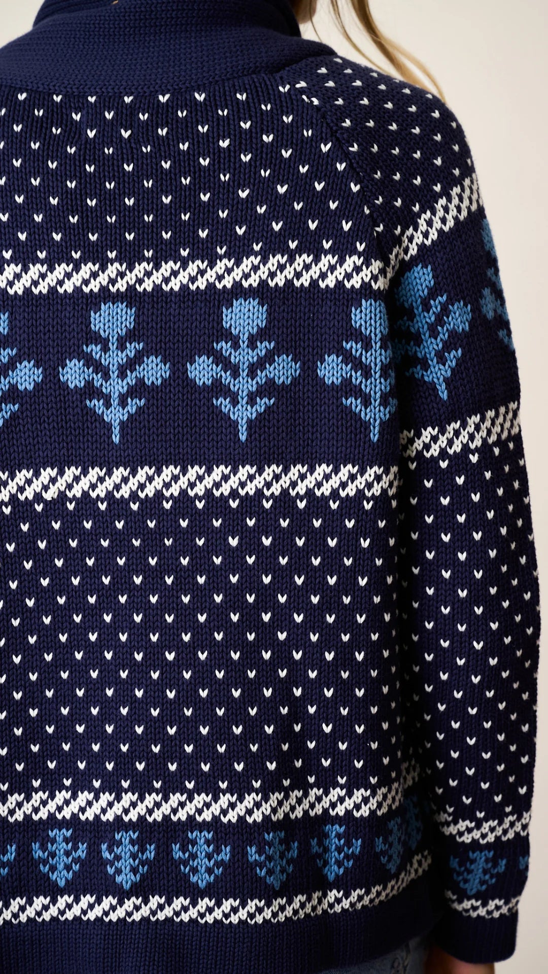 Marea Shawl Cardigan - Intarsia Floral Cotton Open-Front Cardigan