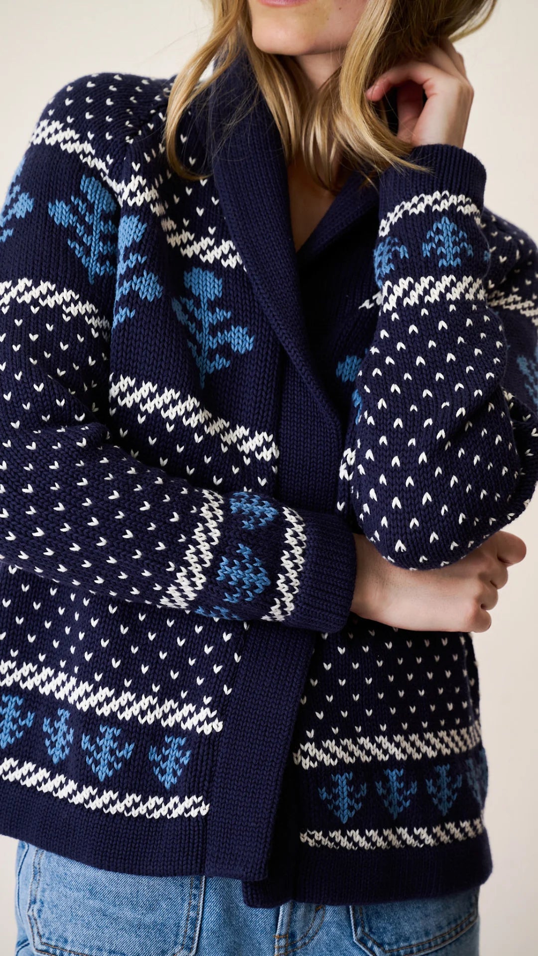 Marea Shawl Cardigan - Intarsia Floral Cotton Open-Front Cardigan