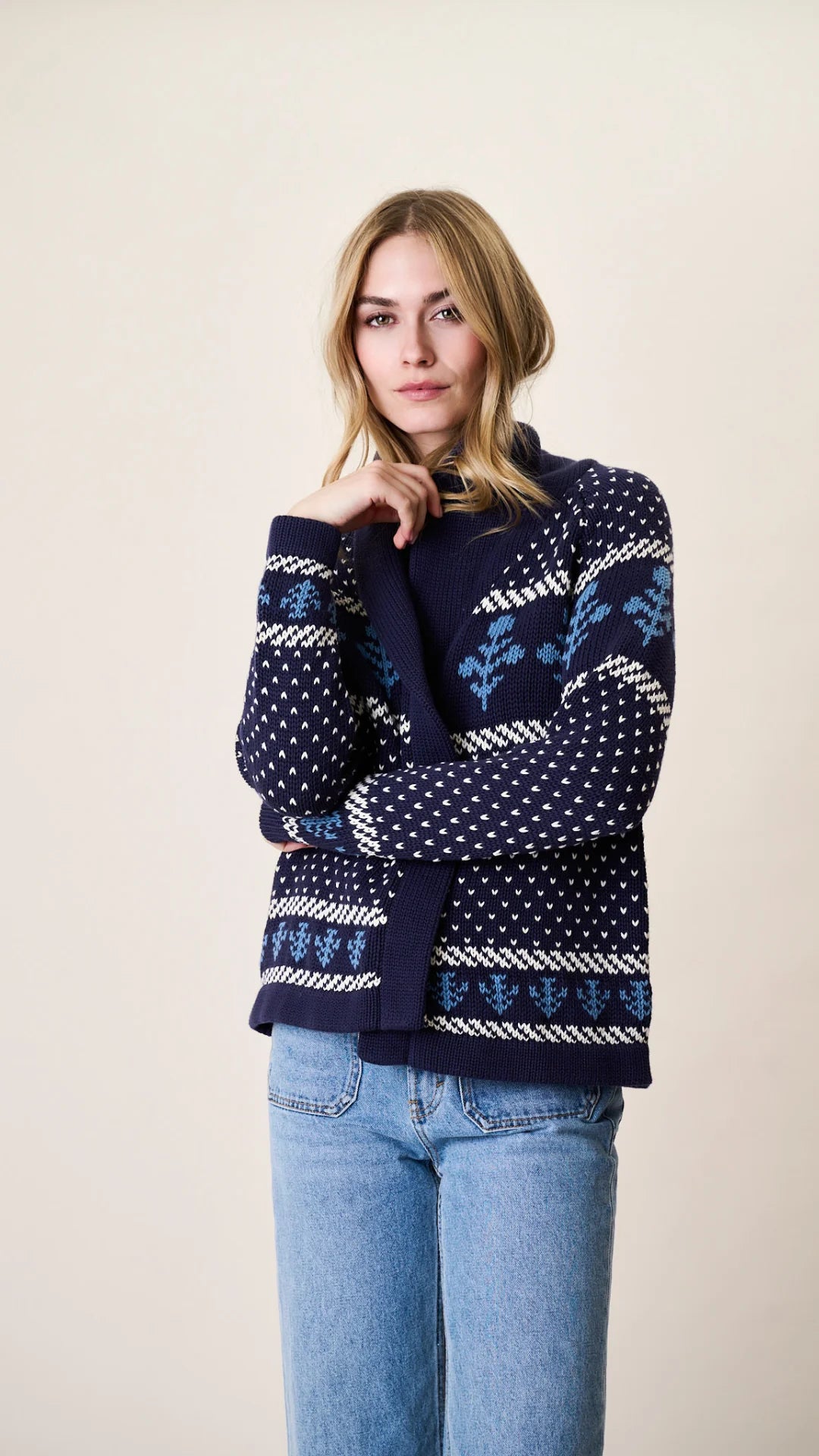 Marea Shawl Cardigan - Intarsia Floral Cotton Open-Front Cardigan