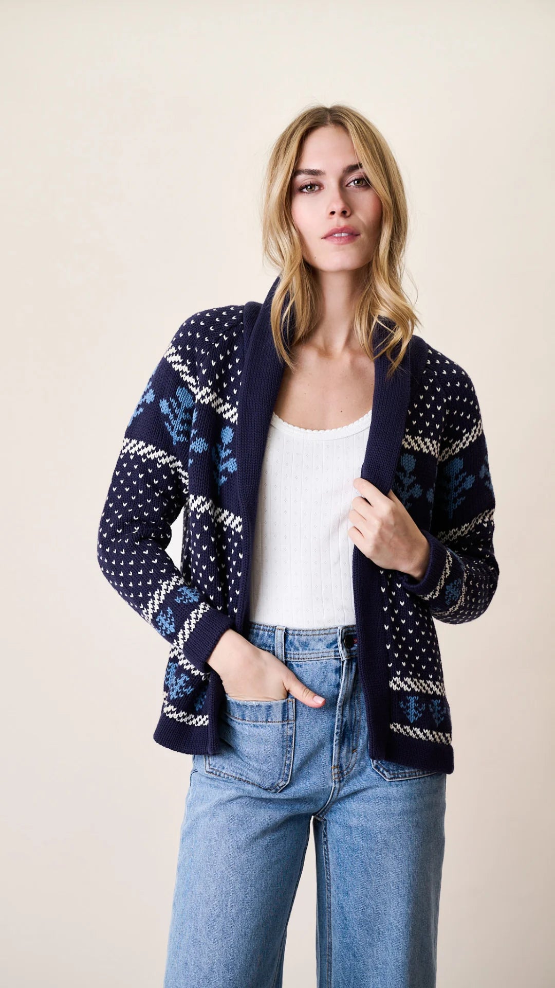 Marea Shawl Cardigan - Intarsia Floral Cotton Open-Front Cardigan
