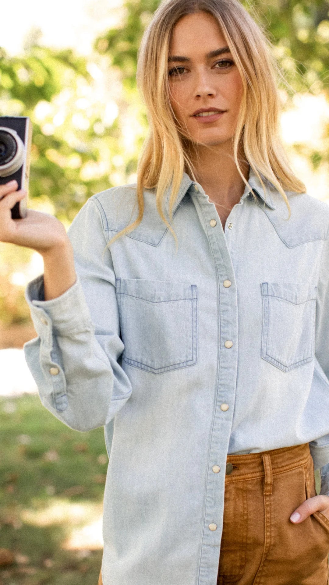 Denim Western Shirt - Pale Wash Indigo Cotton Pearl Snap