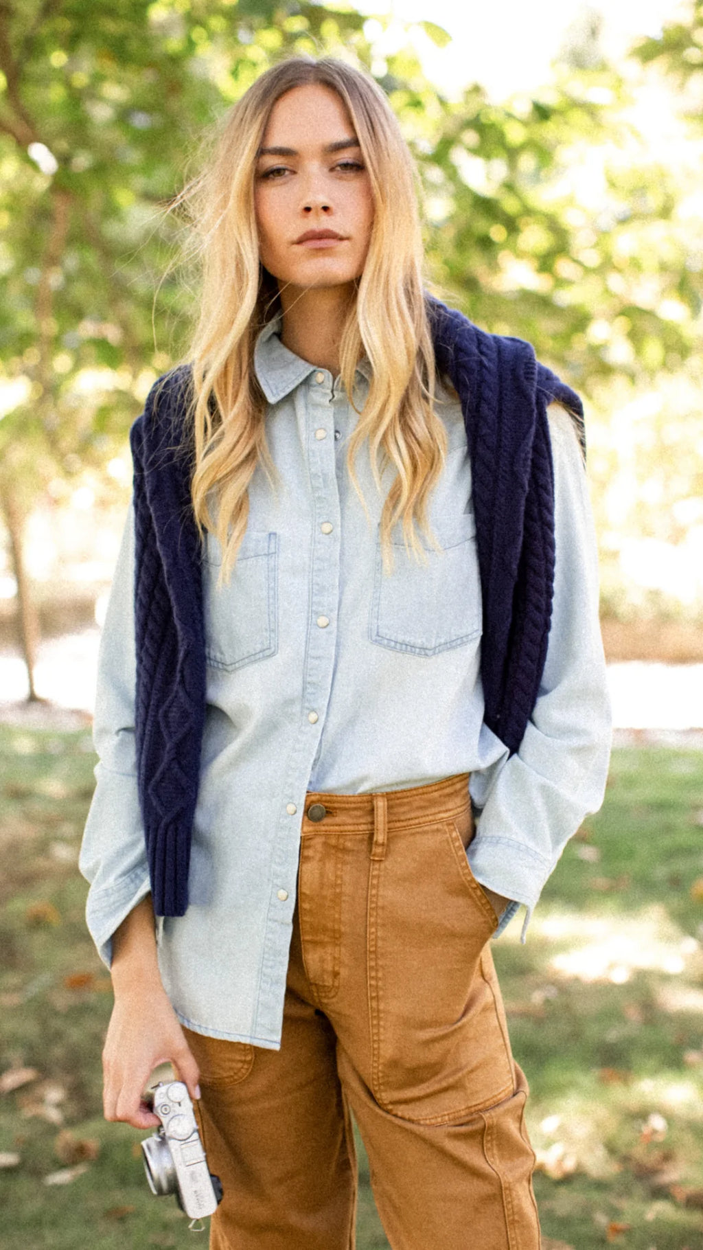 Denim Western Shirt - Pale Wash Indigo Cotton Pearl Snap