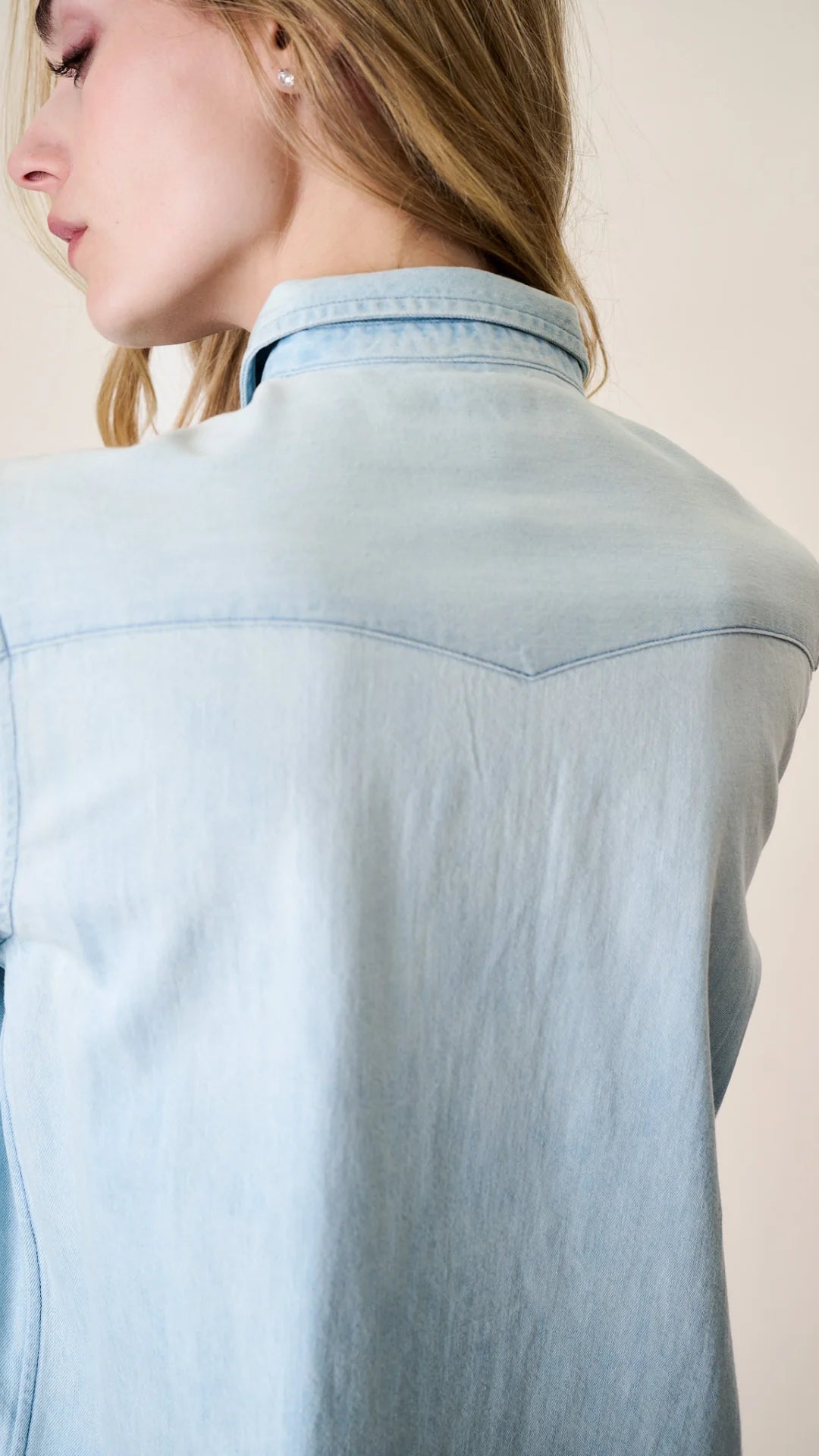 Denim Western Shirt - Pale Wash Indigo Cotton Pearl Snap