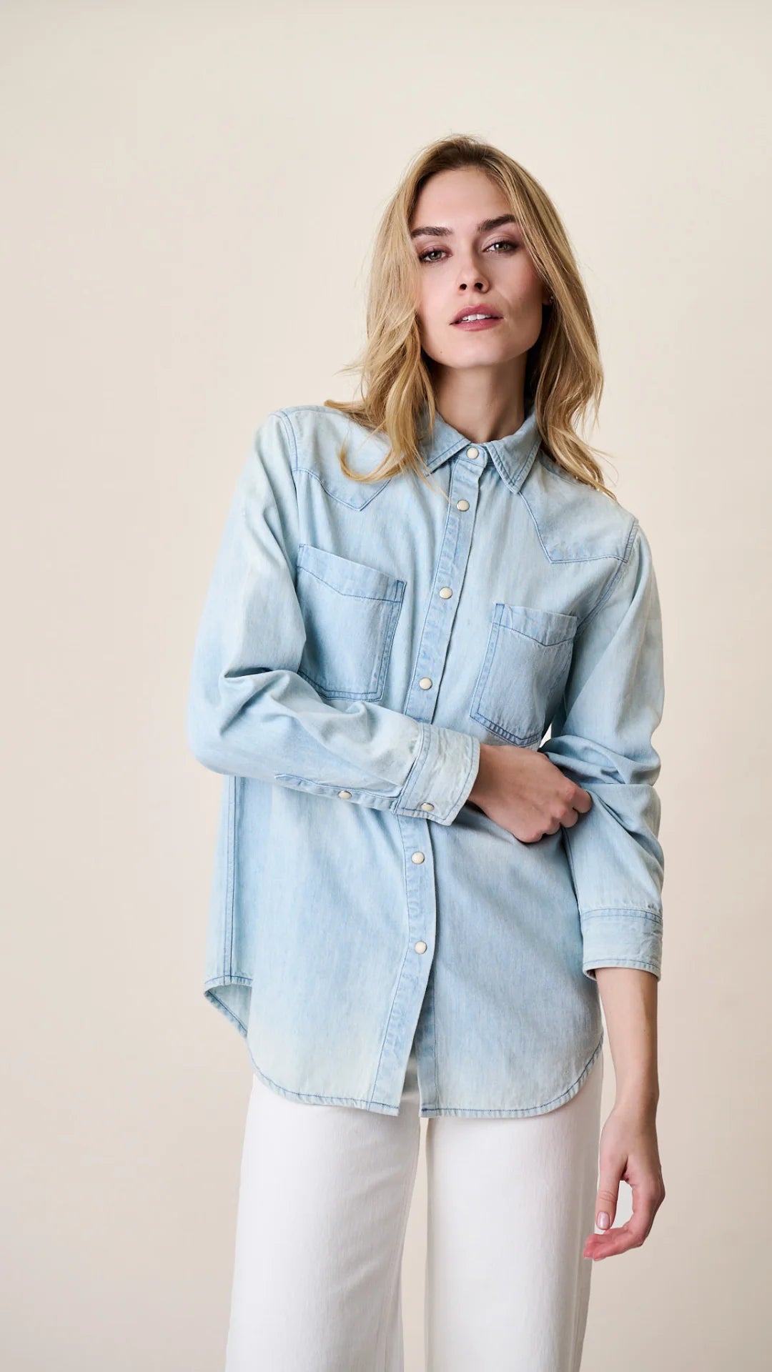 Denim Western Shirt - Pale Wash Indigo Cotton Pearl Snap