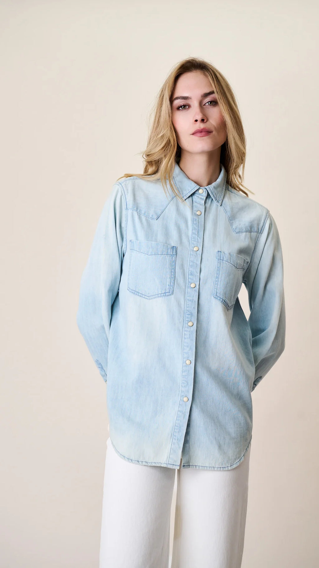 Denim Western Shirt - Pale Wash Indigo Cotton Pearl Snap