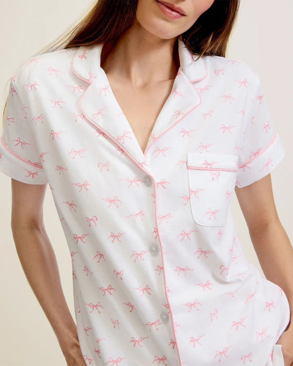 Pima Cotton Pajama Shorts and Top Set - Blushing Bows Pink Print
