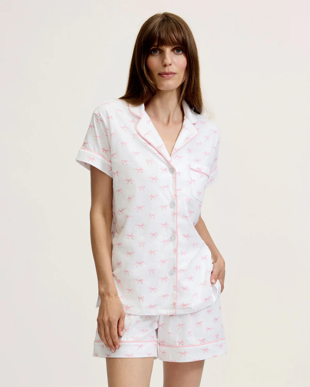 Pima Cotton Pajama Shorts and Top Set - Blushing Bows Pink Print