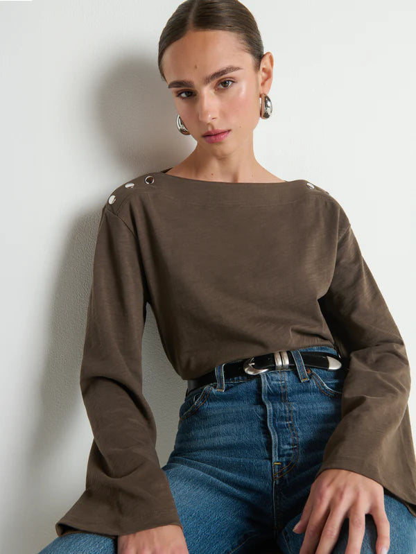 Rochelle Boatneck Tee - Espresso Bell Sleeve Cotton Top