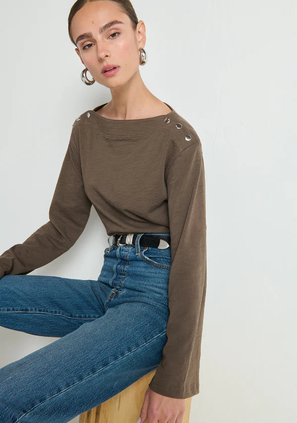 Rochelle Boatneck Tee - Espresso Bell Sleeve Cotton Top