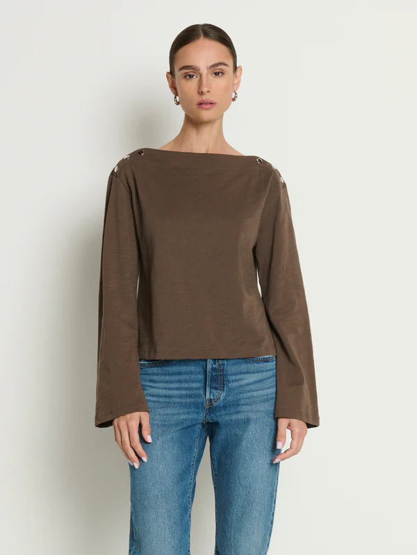 Rochelle Boatneck Tee - Espresso Bell Sleeve Cotton Top