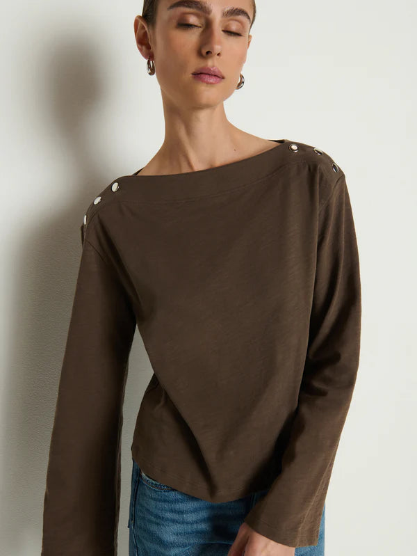 Rochelle Boatneck Tee - Espresso Bell Sleeve Cotton Top