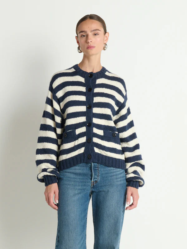 Tessa Cardigan - Marine Stripe Cotton Bishop Sleeve Cardigan