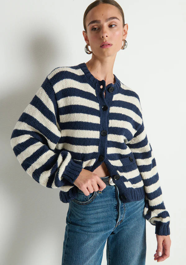 Tessa Cardigan - Marine Stripe Cotton Bishop Sleeve Cardigan