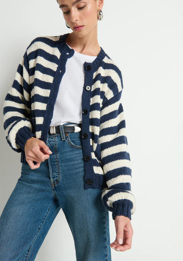 Tessa Cardigan - Marine Stripe Cotton Bishop Sleeve Cardigan