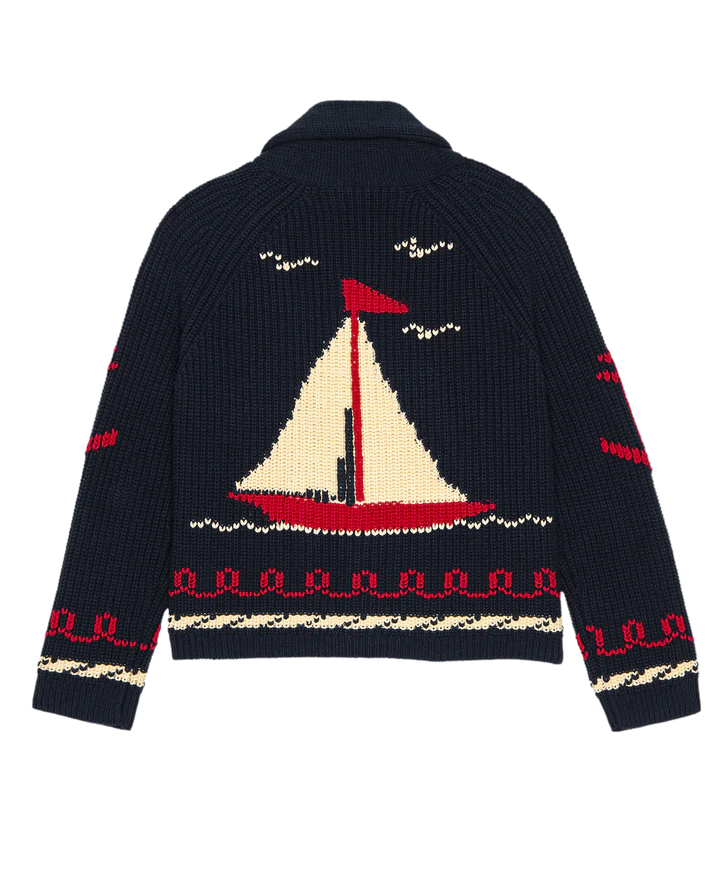 The Sailboat Lodge Cardigan - Navy Hand-Embroidered Cotton Blend