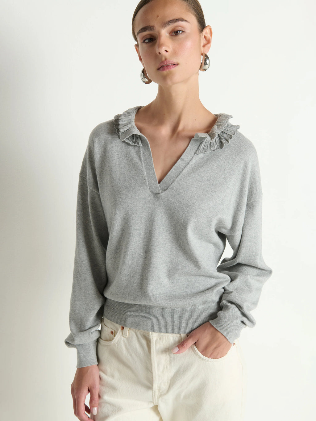 Winona Sweater - Heather Grey Cotton Cashmere Ruffled Collar Knit