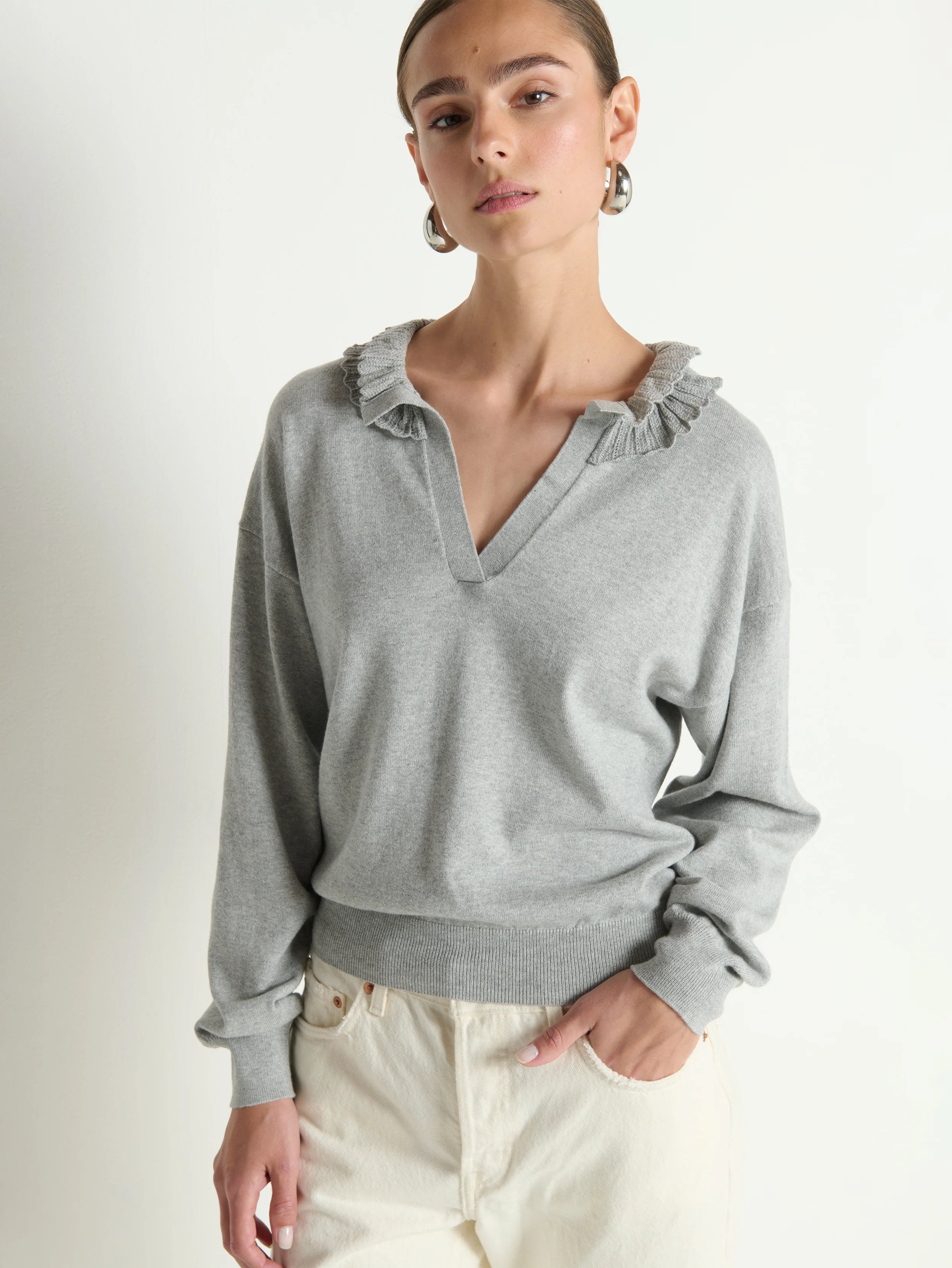 Winona Sweater - Heather Grey Cotton Cashmere Ruffled Collar Knit
