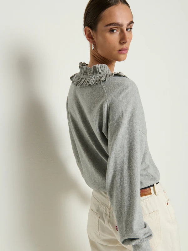Winona Sweater - Heather Grey Cotton Cashmere Ruffled Collar Knit