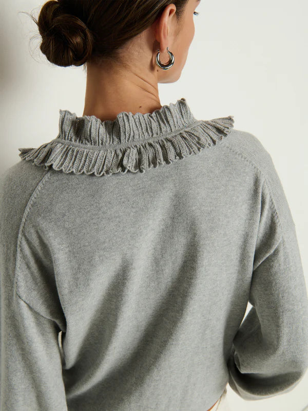 Winona Sweater - Heather Grey Cotton Cashmere Ruffled Collar Knit