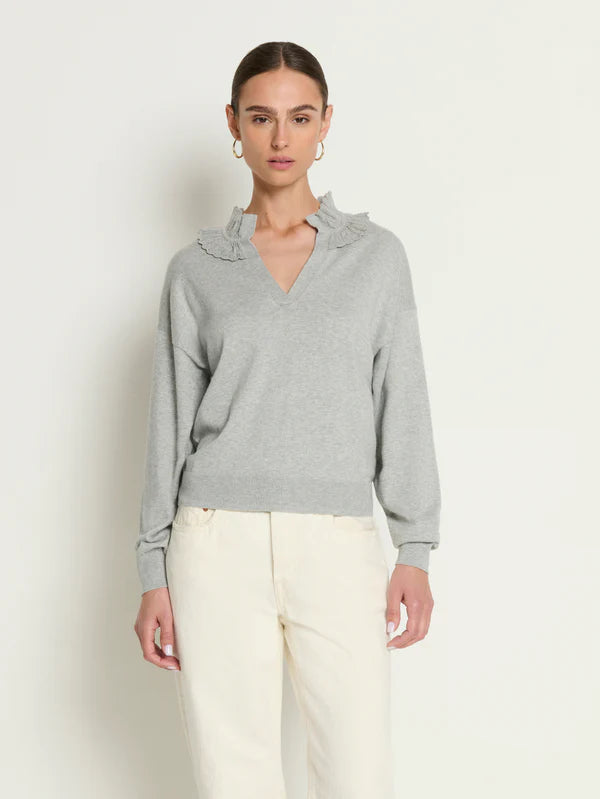 Winona Sweater - Heather Grey Cotton Cashmere Ruffled Collar Knit