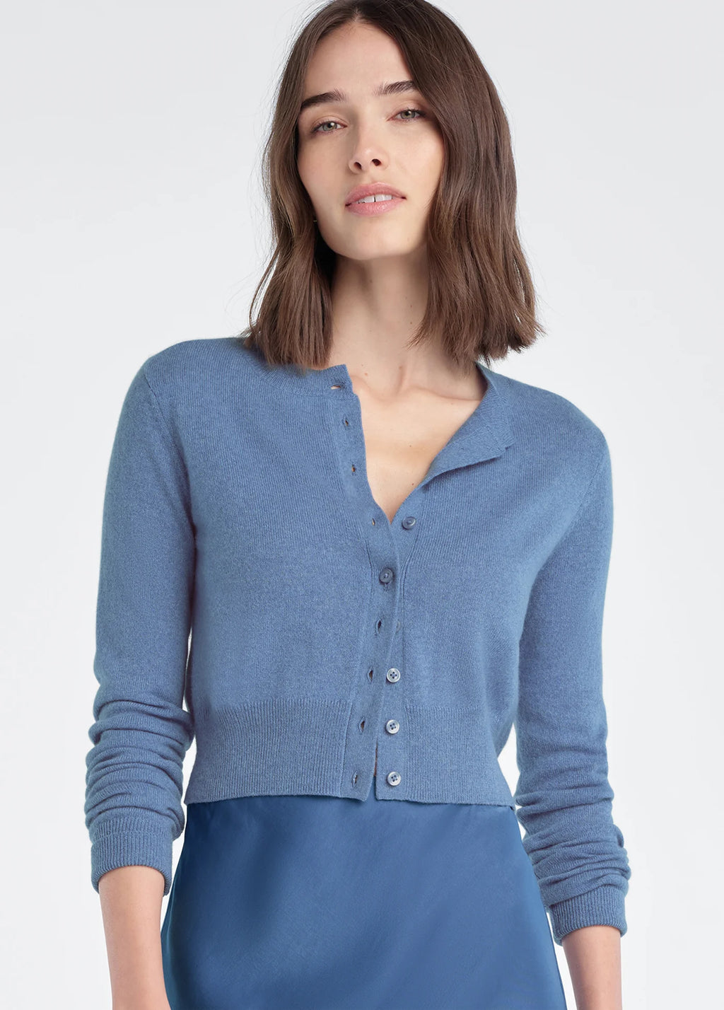 Cropped Rebecca Cardigan - Blue Cashmere Button-Front Sweater