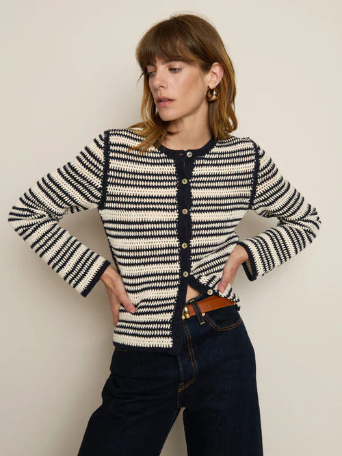 Courtney Crochet Cardigan - Coastal Cotton Stripe Open-Front Knit