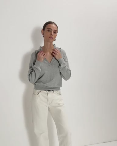 Winona Sweater - Heather Grey Cotton Cashmere Ruffled Collar Knit